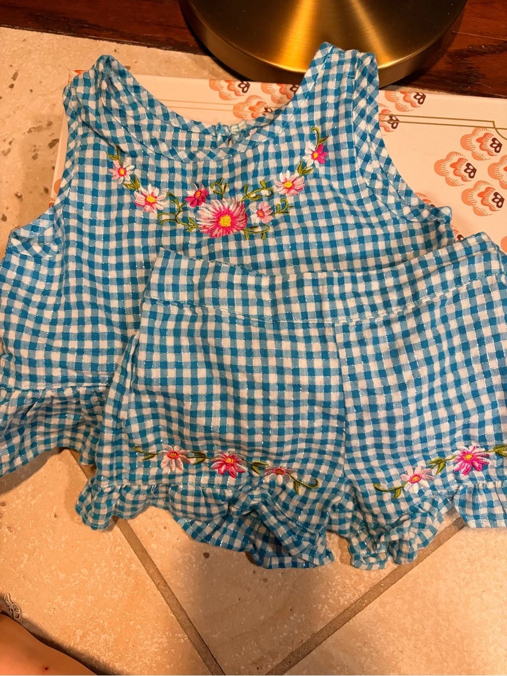 Unik Blue Gingham Floral Embroidered Kids Matching Set